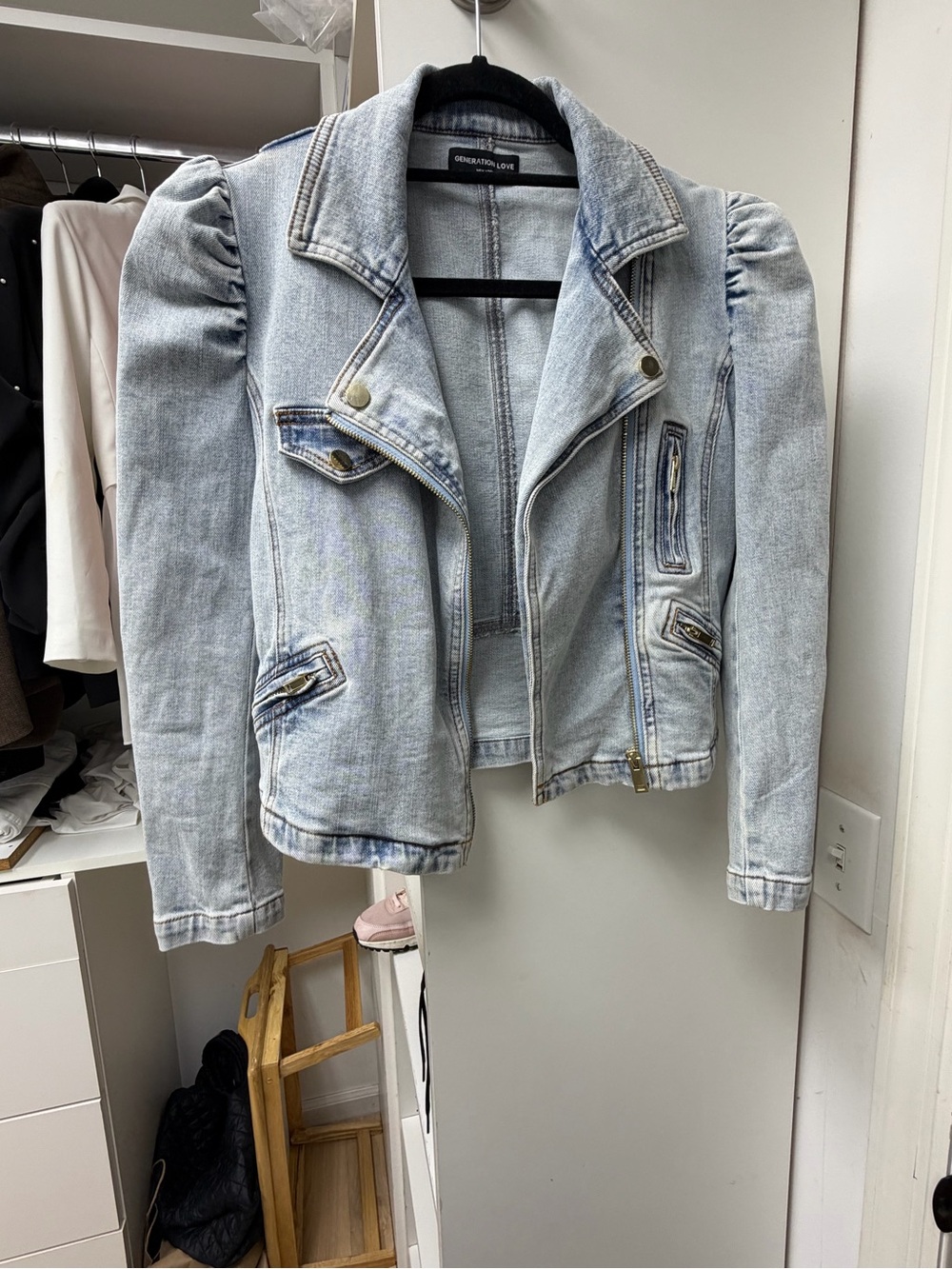 Generation Love Light Blue Denim Moto Jacket with Puff Shoulders
